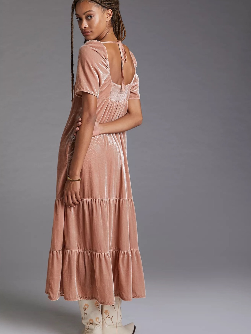 Anthropologie Velvet Empire Waist Tiered Midi Dress Dusty Rose Size 4P - Picture 9 of 16